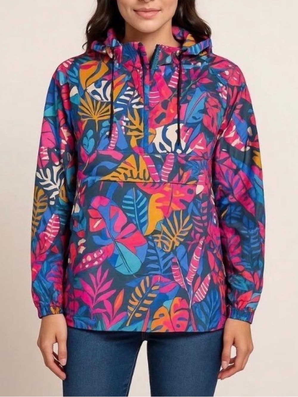 Lauren James lightweight hooded anorak rain jacket in a vibrant multi tropical